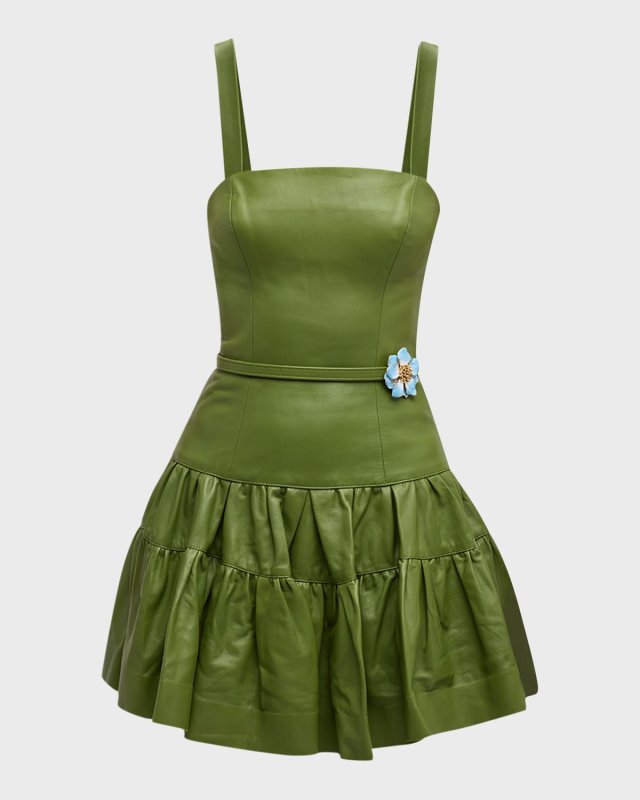 Leather Tiered Sleeveless Mini Dress With Belt